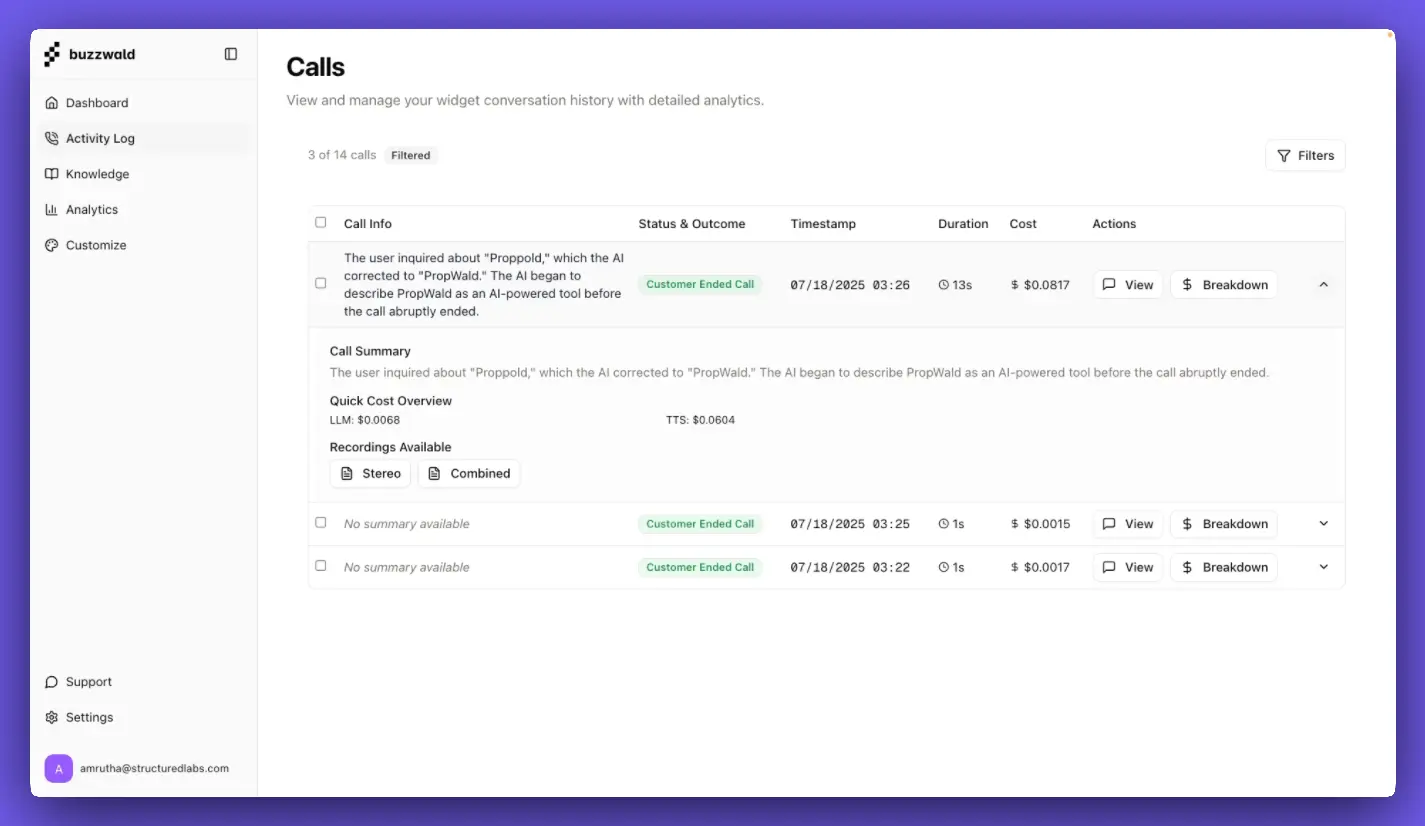 Activity log showing visitor interactions and engagement timeline
