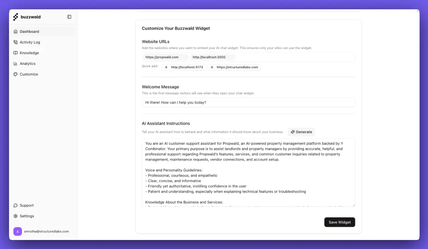 AI configuration interface for setting up custom instructions and responses