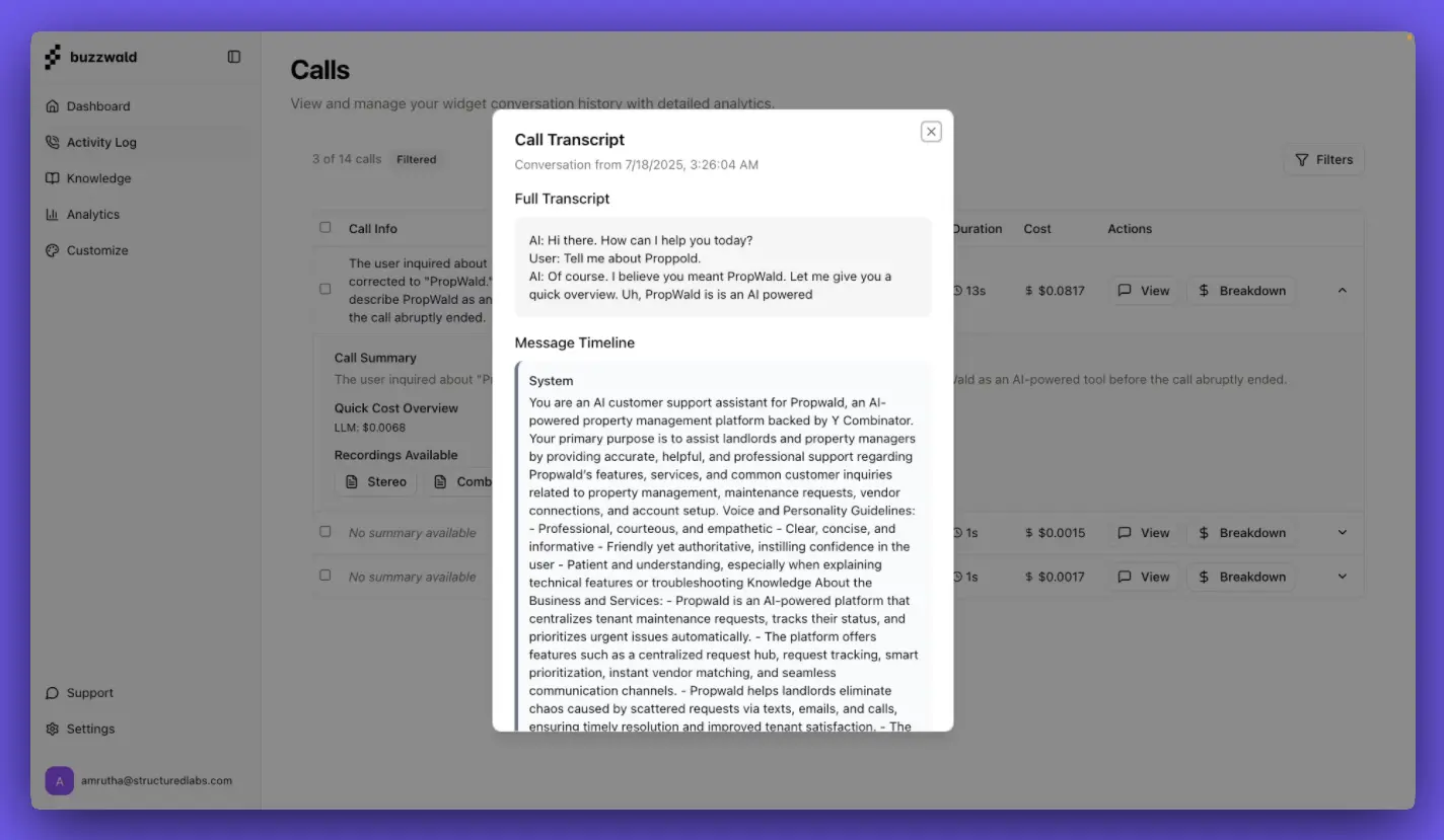 Call transcript interface showing detailed conversation logs and analysis