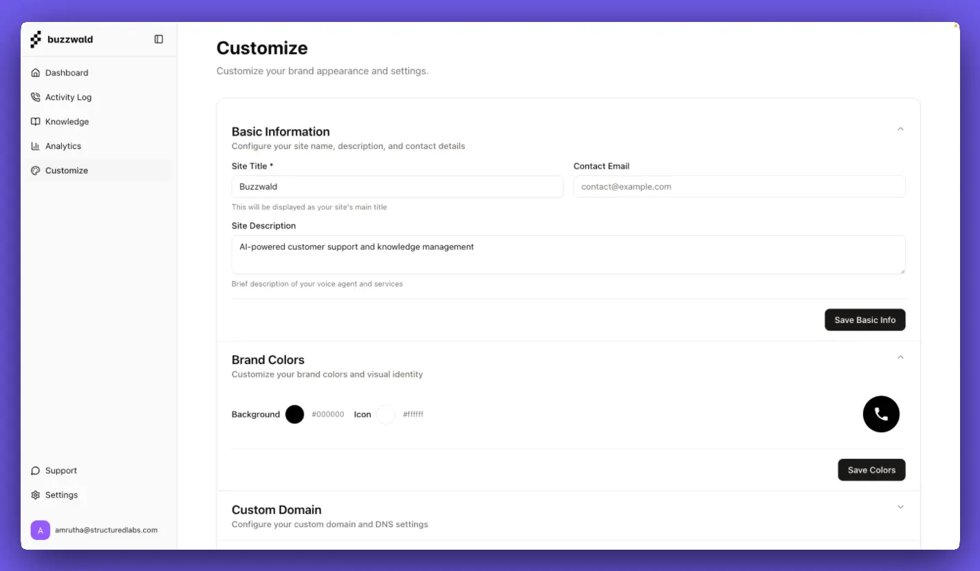 Brand customization interface showing color, position, and styling options