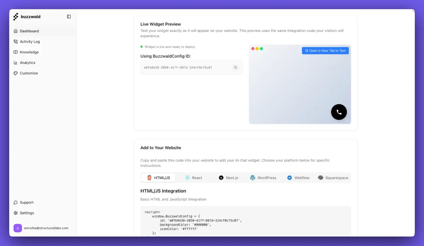 Buzzwald dashboard showing conversation analytics and performance metrics
