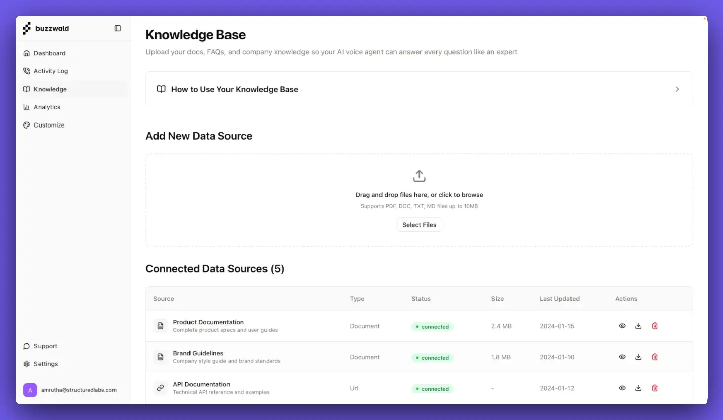 Knowledge base management interface for uploading and organizing business documents