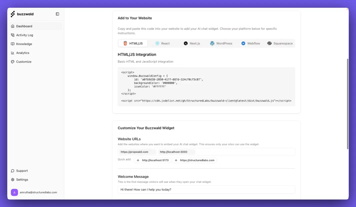 Widget integration interface showing code snippet and customization options